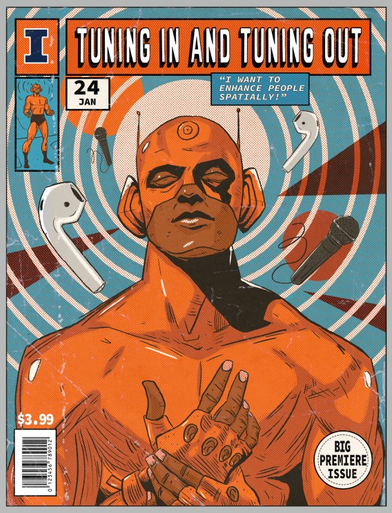 Comic book cover showing an all hearing superhero